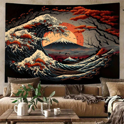 Japanese Great Waves Volcano Tapestry - Ukiyo-e Art