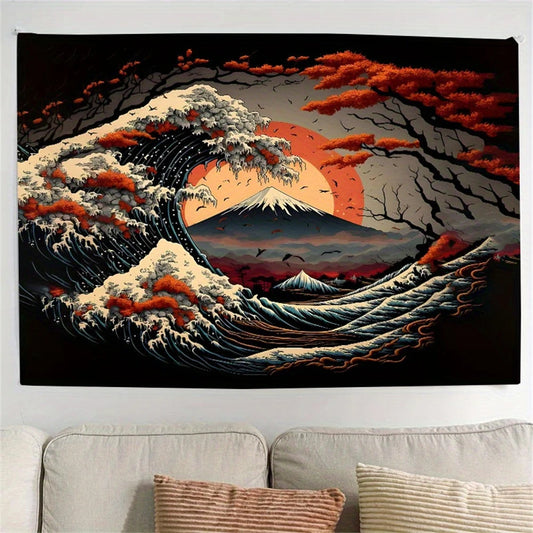 Japanese Great Waves Volcano Tapestry