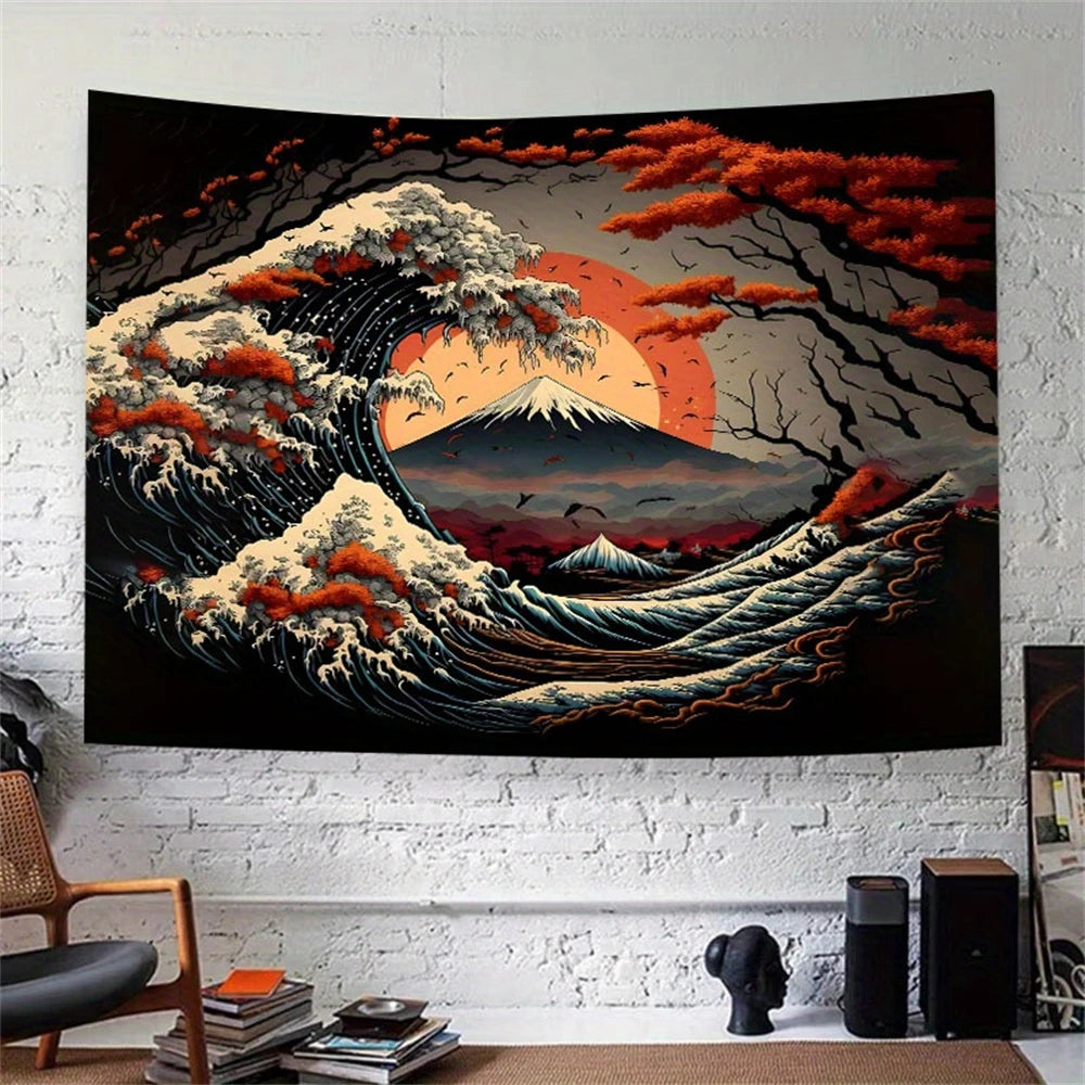 Japanese Great Waves Volcano Tapestry