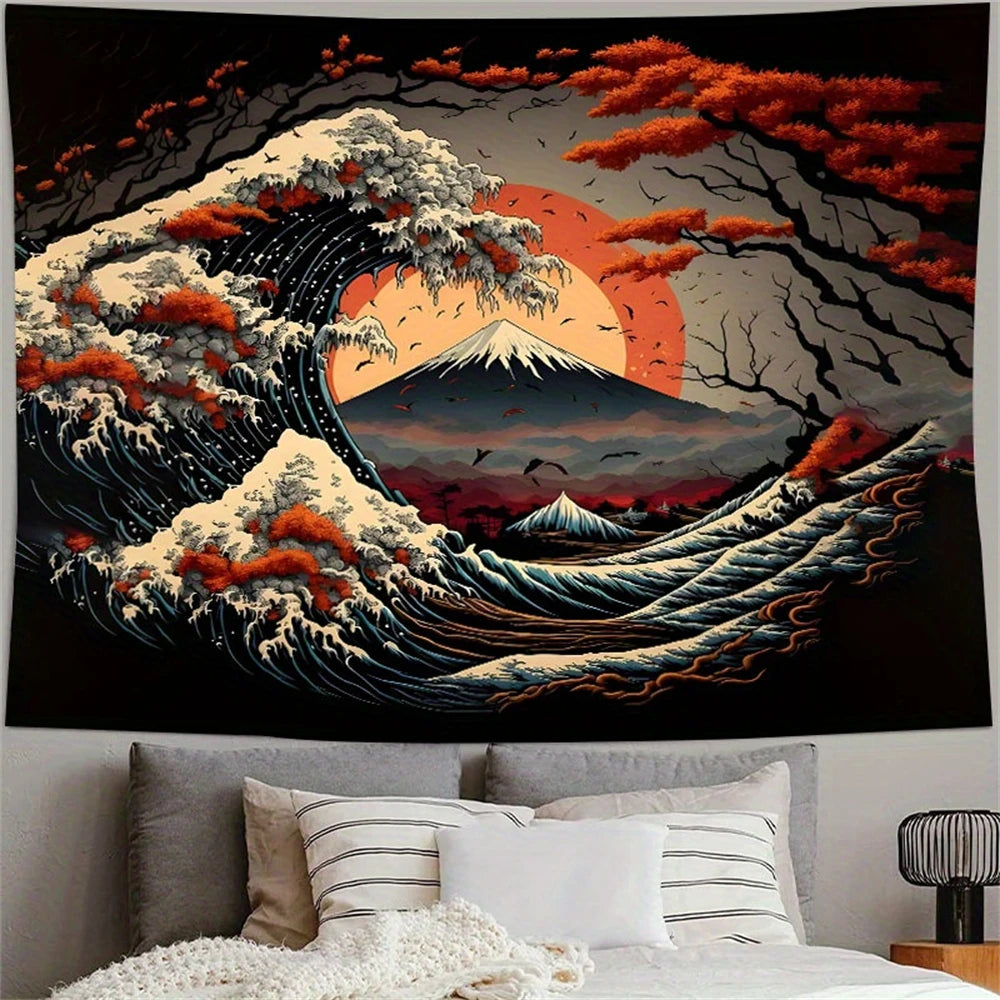 Japanese Great Waves Volcano Tapestry