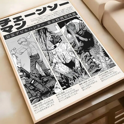 Retro Chainsaw Man Poster Vintage Anime Wall Art