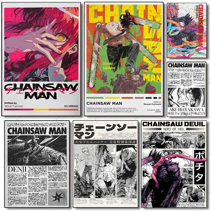 Retro Chainsaw Man Poster Vintage Anime Wall Art